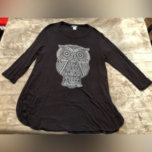 Black New Directions casual 3/4 length sleeved owl top, size large